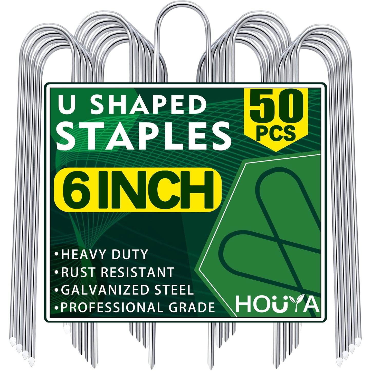 HOUYA 50 Pack Garden Stakes 6 Inch U-Shaped Drip Irrigation Stakes Galvanized Landscape Staples Garden Pins Yard Lawn Ground Stakes for Soaker Hose Drip Line Tubing Landscape Fabric Weed Barrier