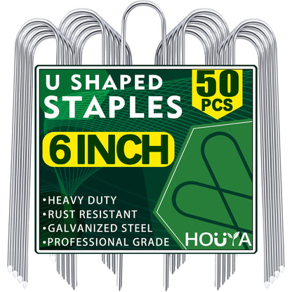 HOUYA 50 Pack Garden Stakes 6 Inch U-Shaped Drip Irrigation Stakes Galvanized Landscape Staples Garden Pins Yard Lawn Ground Stakes for Soaker Hose Drip Line Tubing Landscape Fabric Weed Barrier