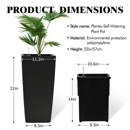 Vigo huseeo 23in Tall Planter Set of 2, Large Self Watering Pots for Indoor/Outdoor Plants with Drain Holes, Water Level Monitor, Inner Bucket for Front Porch Patio, Black Rattan