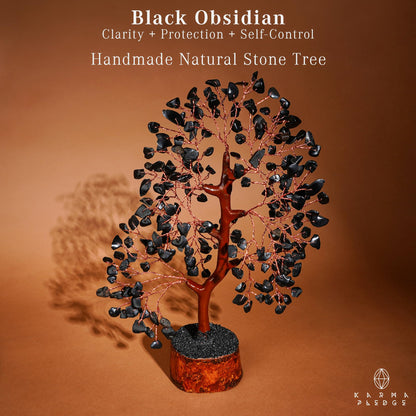 Crystal Tree of Life Birthday Gifts for Women, Men, Handmade Home Decor, Office, Room Decoration, Black Obsidian Reiki Healing Crystal Chakra Tree for Money, Good Luck Gifts for Her, Mom & Dad