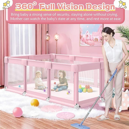 Pink Large Baby Playpen, Playpen 74x50 for Girl, Large Baby Play Yards Indoor & Outdoor, Sturdy Safety Girls Play Pen with Soft Breathable Mesh, Toddlers Activity Center with Anti-Slip Base