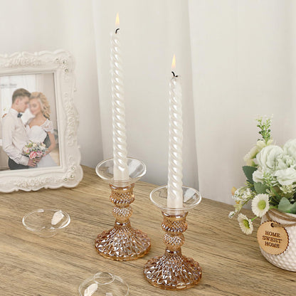 OwnMy Set of 2 Gold Glass Taper Candle Holders Decorative Glass Candlestick Holders, Modern Taper Candle Stands Candlesticks for Dining Table Centerpieces Wedding Church Decor
