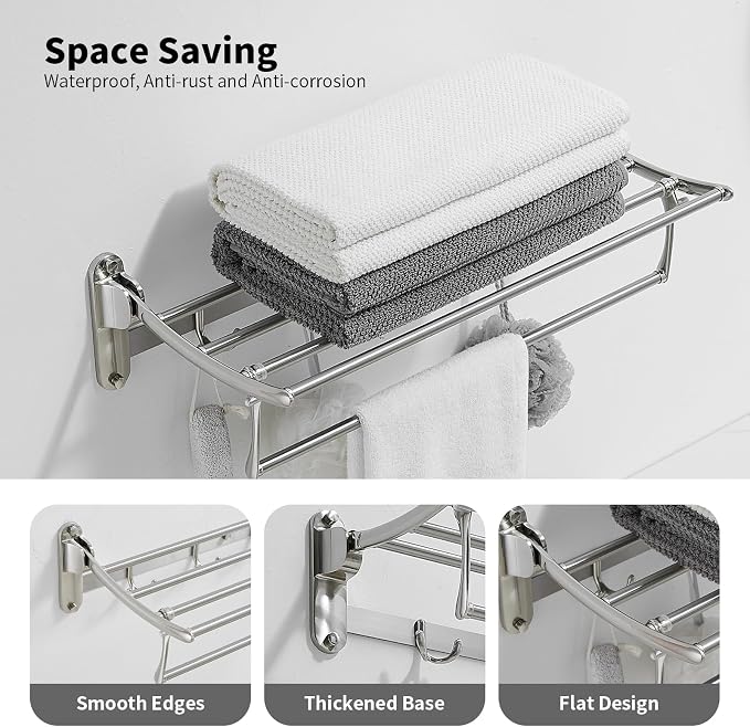 BESy 24 Inch Brushed Nickel Towel Racks, Bathroom Towel Shelf with Foldable Towel Bar Holder and Towel Hooks, Wall Mounted Multifunctional Bathroom Accessories, Double Towel Bars