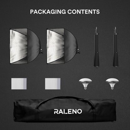 RALENO Softbox Lighting Kit, 20X20-Inch Photography Lighting Kit with LED Bulbs(60W | 5500K | CRI>97 | 3m Cable) & 80'' Tall Light Stands, Soft Box for Recording/Portrait Photography | Model: PS70