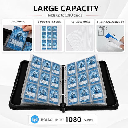 9 Pocket Trading Card Zip Binder - Holds 1080 Cards, 60 Pages Large-Capacity,Double-Sided Removable Sleeves, Suitable for Game Cards/Sports Cards Storage,Light Blue