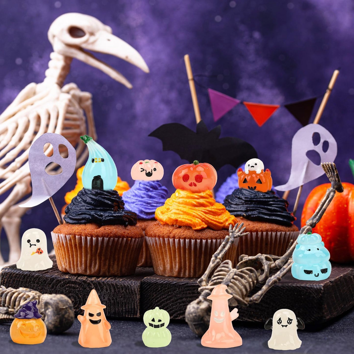 Jansun 45pcs Halloween Luminous Mini Resin Figurines, Glow in The Dark Pumpkin Ghosts Decorations for DIY Crafts Halloween Party Gifts Garden Dollhouse Decor Table Decoration(15 Style)