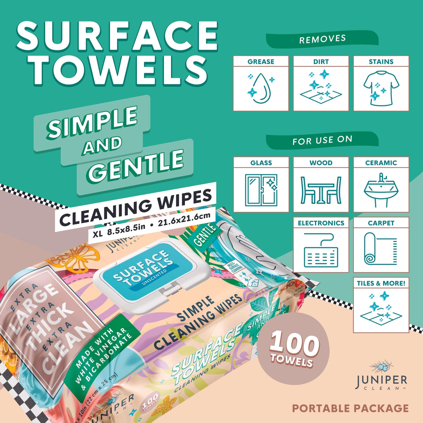 Juniper CLEAN 6 Packs Surface Cleaning Wipes Bleach Free, Thick & Large Dispose, All-Purpose Cleaner for Bathroom, Kitchen, Office, 600 Count Soft Flow, Biodegradable, No Scent
