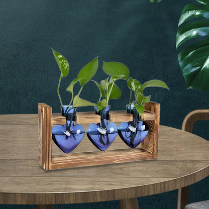BooGaeio 3 Pieces Hydroponic Vase Glass Flower Vase with Wooden Stand Tabletop Planter Plant Terrarium Decorative Vase Multipurpose Plant Propagation, Blue