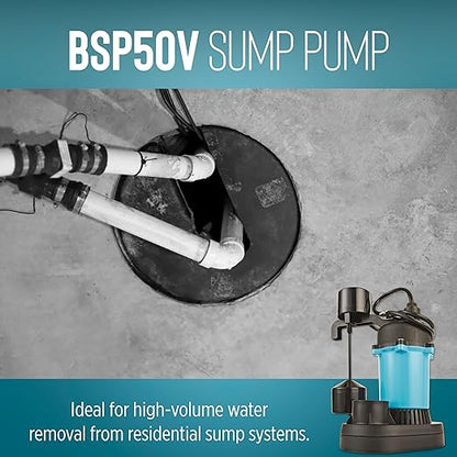 Little Giant BSP50V 1/2 HP, 115 Volt, 3180 GPH Automatic Submersible Epoxy Coated Cast Aluminum Sump Pump with Piggy-back Vertical Switch and 8-Ft. Cord, Blue, 511251