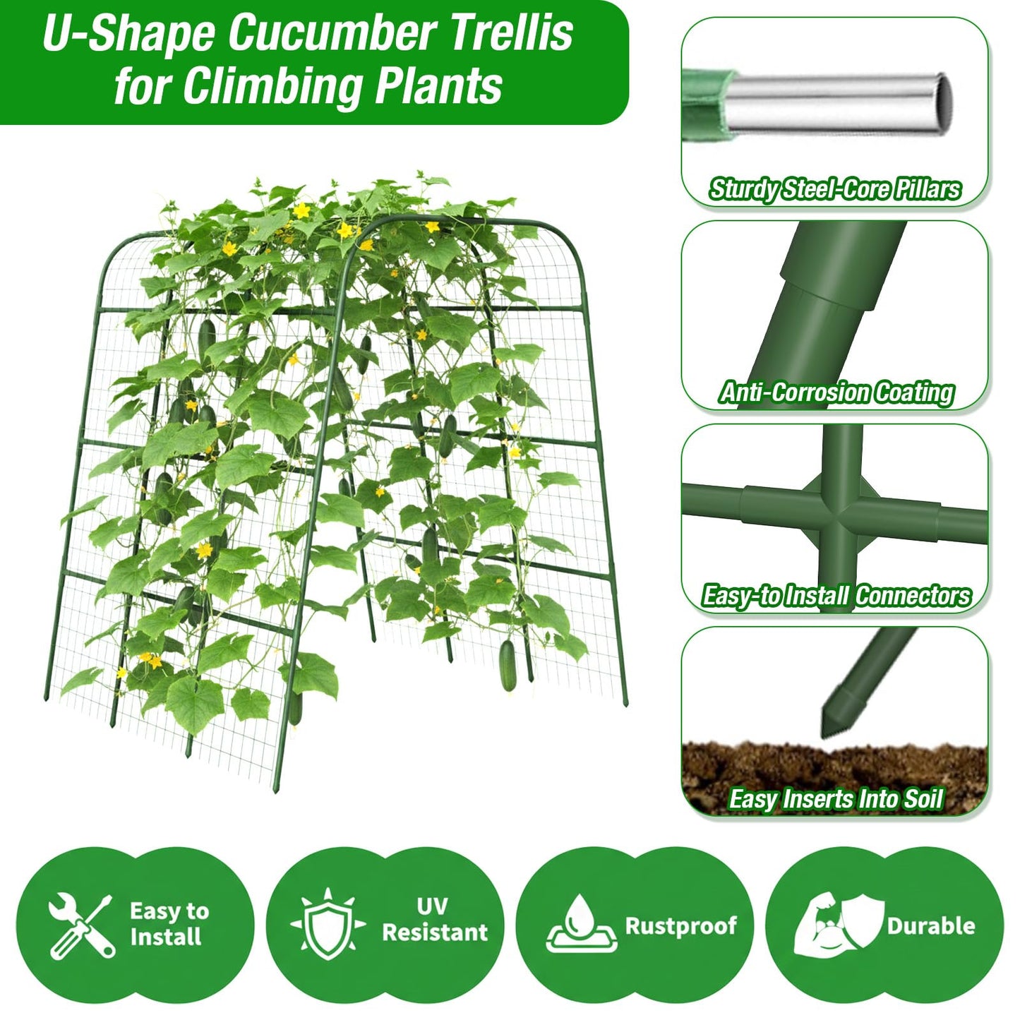 Cucumber Trellis 16mm for Raised Bed 48" L x 64" H, U-Shape Heavy-Duty Metal Garden Trellis for Climbing Plants Outdoor, Vegetable Arch Support Frame for Tomato Pea Zucchini Grape Flowers Vines