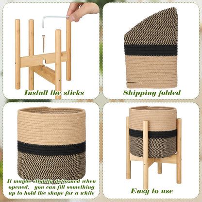 Sunnychicc Plant Basket with Stand Indoor Planter Pot Holder Sturdy Jute Rope Modern Woven Basket, Cotton Rope Woven Pot with Bamboo Stand(10 Inch,Black and Beige Stripes)