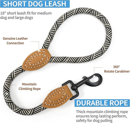 Mile High Life Short Leash for Large Dogs, Short Dog Rope Leash with Heavy Duty Metal Sturdy Clasp, Genuine Leather Tailored Connection(White, 18 Inch)
