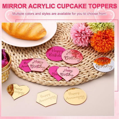 uxcell 20Pcs Acrylic Mirror Cake Toppers, Happy Anniversary Cupcake Toppers Round Shapes Laser Picks Dessert Decorations for Celebrating Party Wedding Shower, 059-Silver