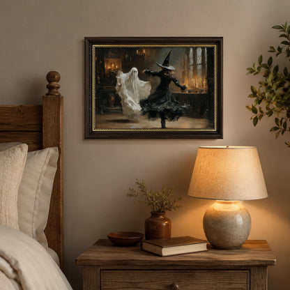 Vbaourut Framed Halloween Wall Art, Dancing Witch and Ghost Canvas Painting, Vintage Gothic Poster with Dark Brown Frame and Upgraded Hook and Loop for Bedroom, 9x11 in