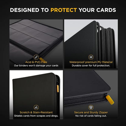 Card Guardian - 9 Pocket Premium Black Card Binder with Zipper for 360 Cards - Trading card binder with Side Loading Pockets for Trading Card Games -TCG Binder (Black)