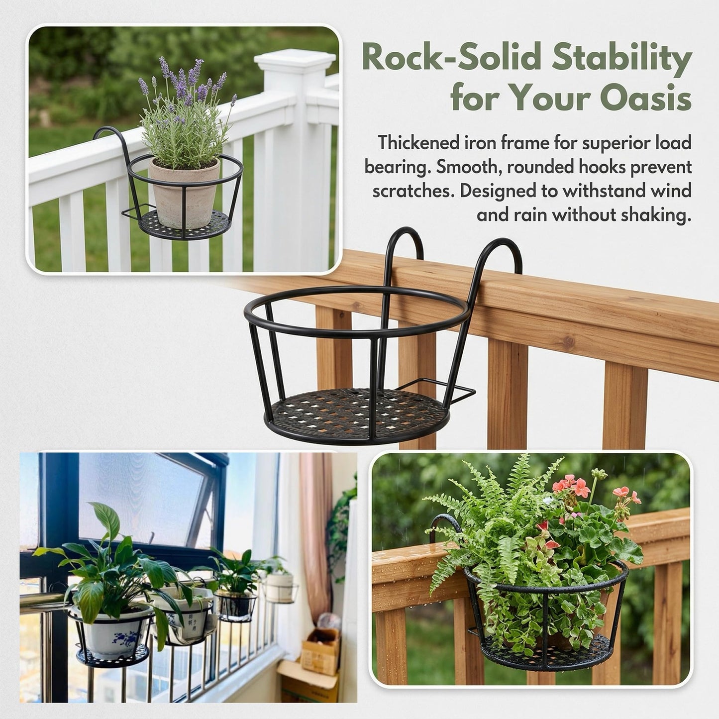 Nancyzhenpin Metal Hanging Railing Planter, Flower Pot Holder for Balcony Fence, Adjustable Steel Plant Stand, Indoor Outdoor Garden Mounted Shelf (6, Brown)