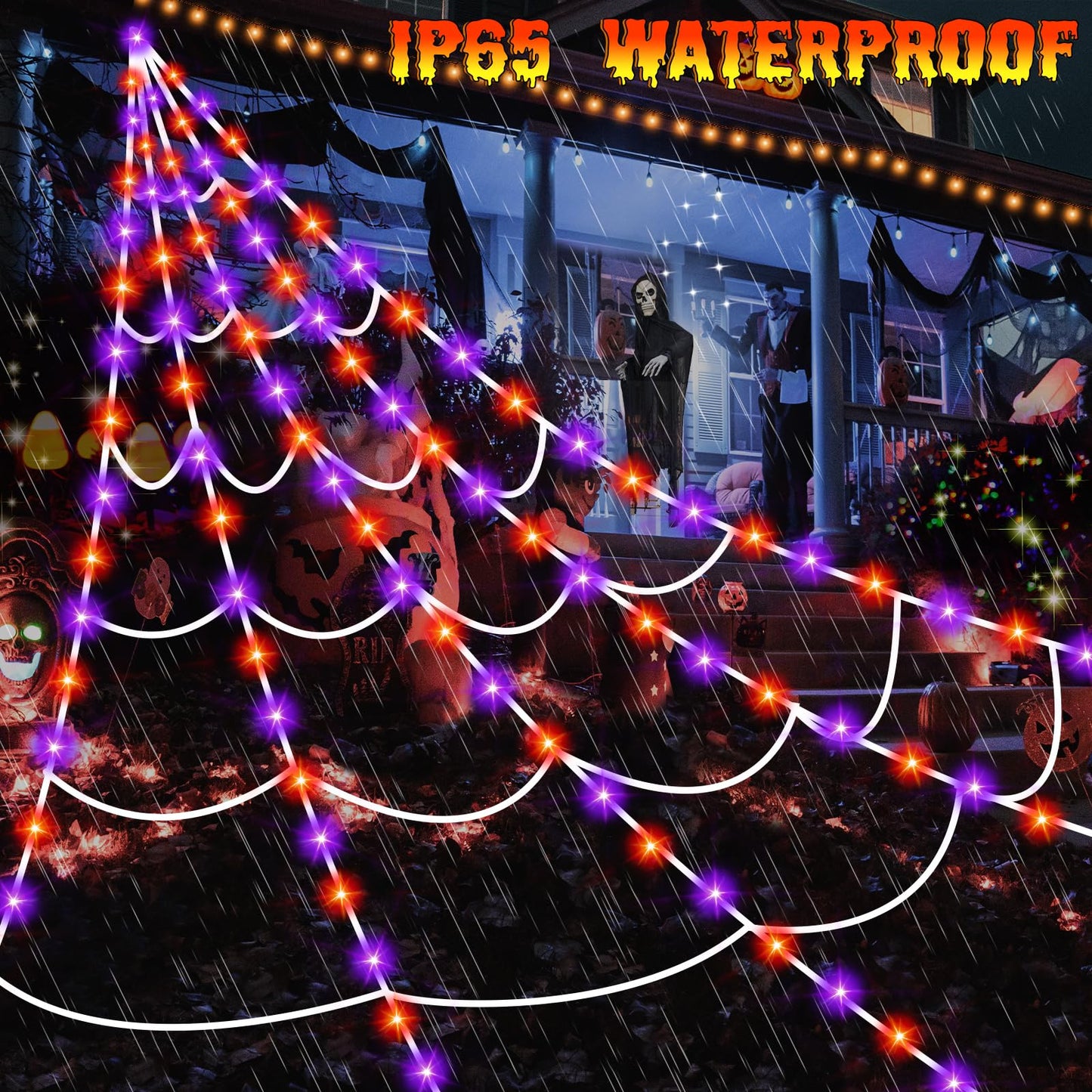 Halloween Decorations Outdoor, 250 LED Halloween Giant Spider Web Lights, 200" Lighted Spiderweb Light up with 8 Modes for Yard Haunted House Decor, Remote Control Without Spider Purple Orange