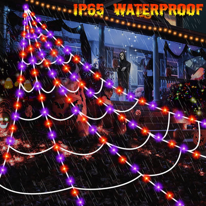Halloween Decorations Outdoor, 250 LED Halloween Giant Spider Web Lights, 200" Lighted Spiderweb Light up with 8 Modes for Yard Haunted House Decor, Remote Control Without Spider Purple Orange
