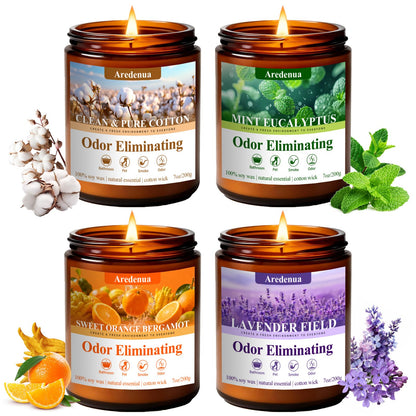 4 Pack Odor Eliminating Candles Set - Eliminates 95% of Pet, Smoke, Food & Other Smells - Hand Poured Non-Toxic Soy Candle, Air Freshing Scent of Lavender/Orange/Mint/Cotton - Gifts Set for Women