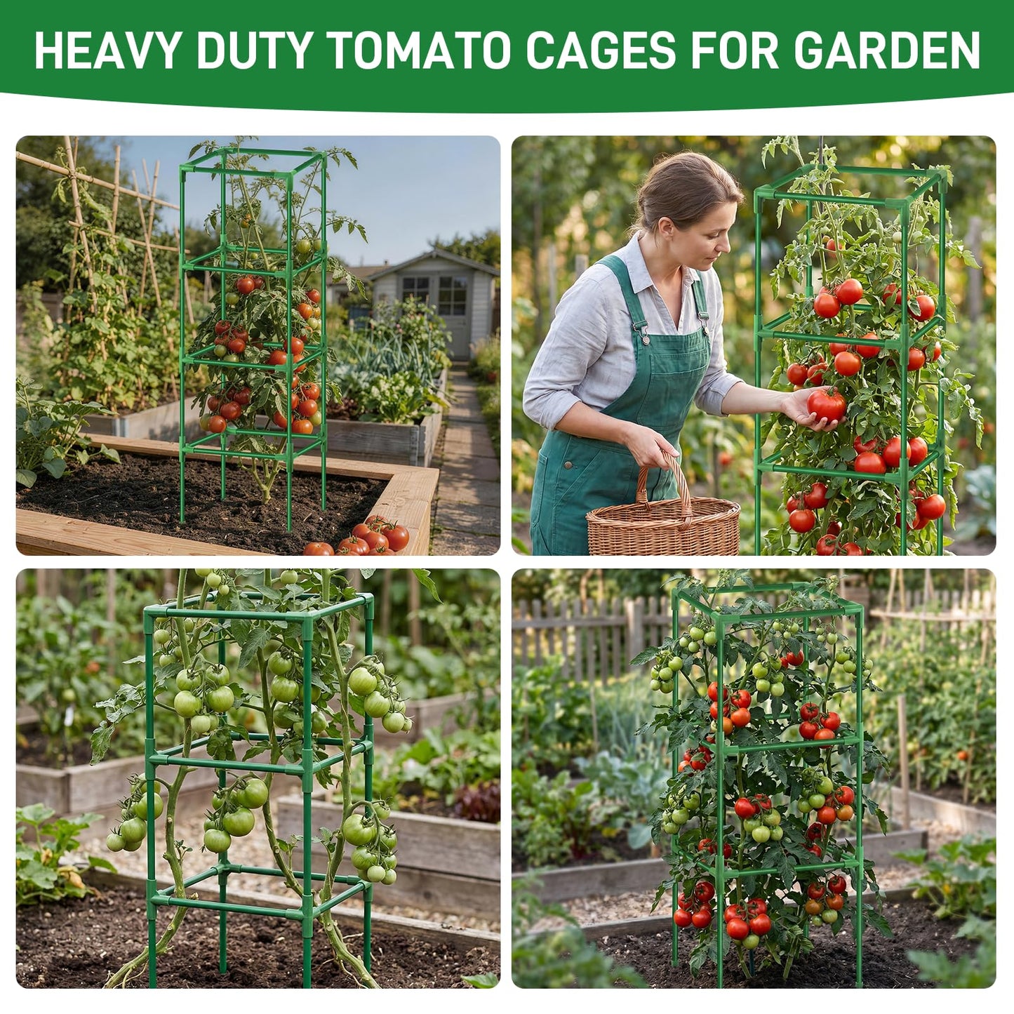 Square Tomato Cages Heavy Duty 3 Pack, Up to 59.6 Inches Tall Adjustable Tomato Trellis Cage for Garden, Plant Support for Vegetables Climbing Plants, Pots Raised Garden Bed Outdoor