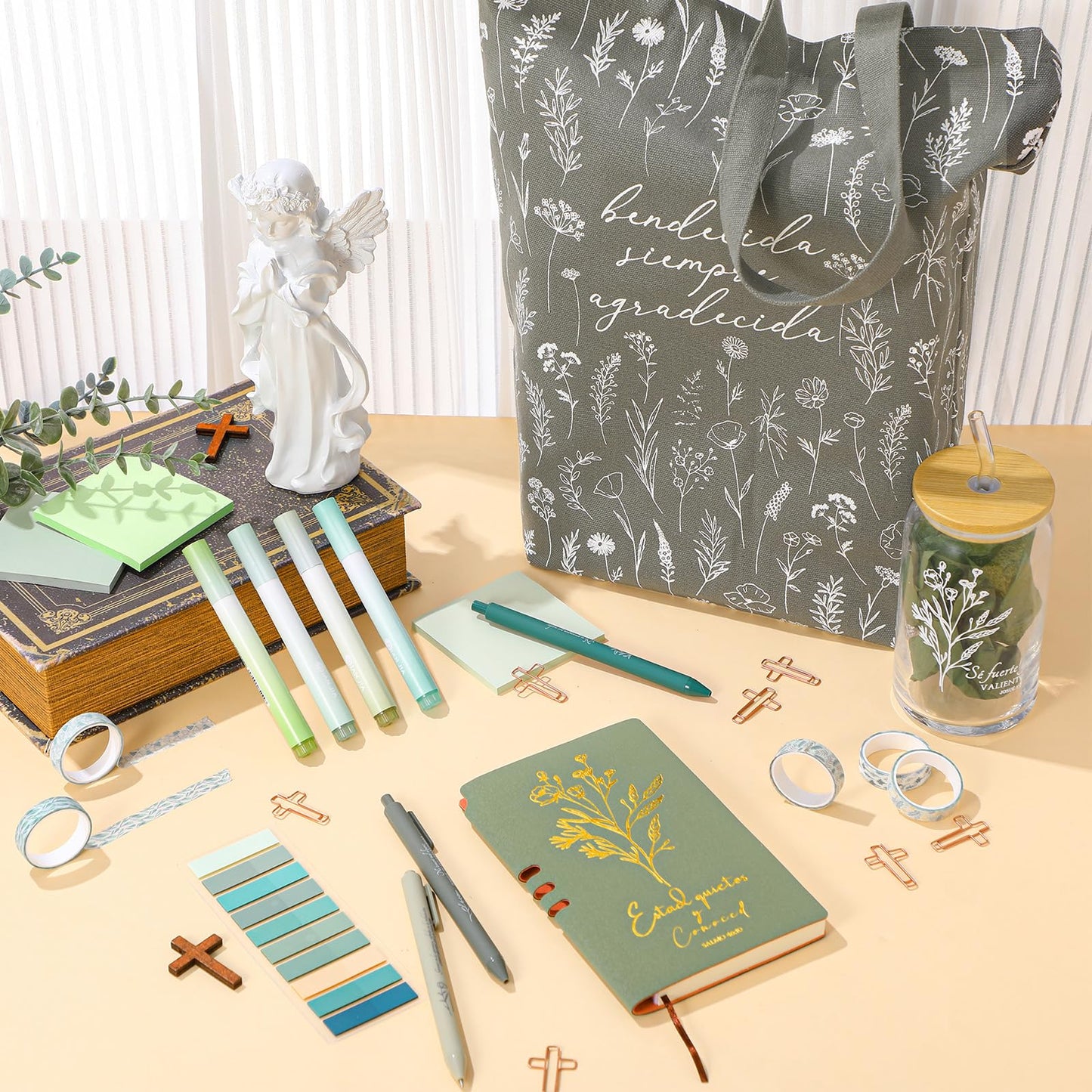 Singhoow 29 Pcs Bible Journaling Kit Regalos Cristianos En Español 16 oz Glass Cup Canvas Bag Leather Libretas Cristianas En Español Highlighter Pen Sticky Note Tapes for Church Fathers Day