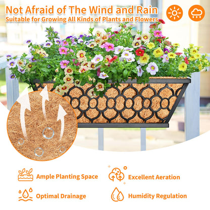 Riare 2 Pack 16 Inch Window Boxes Planters with Coco Liner, Metal Deck Railing Planter Boxes, Balcony Planters Railing Hanging, Horse Trough Window Flower Planter Boxes for Outdoor Porch Fence Patio