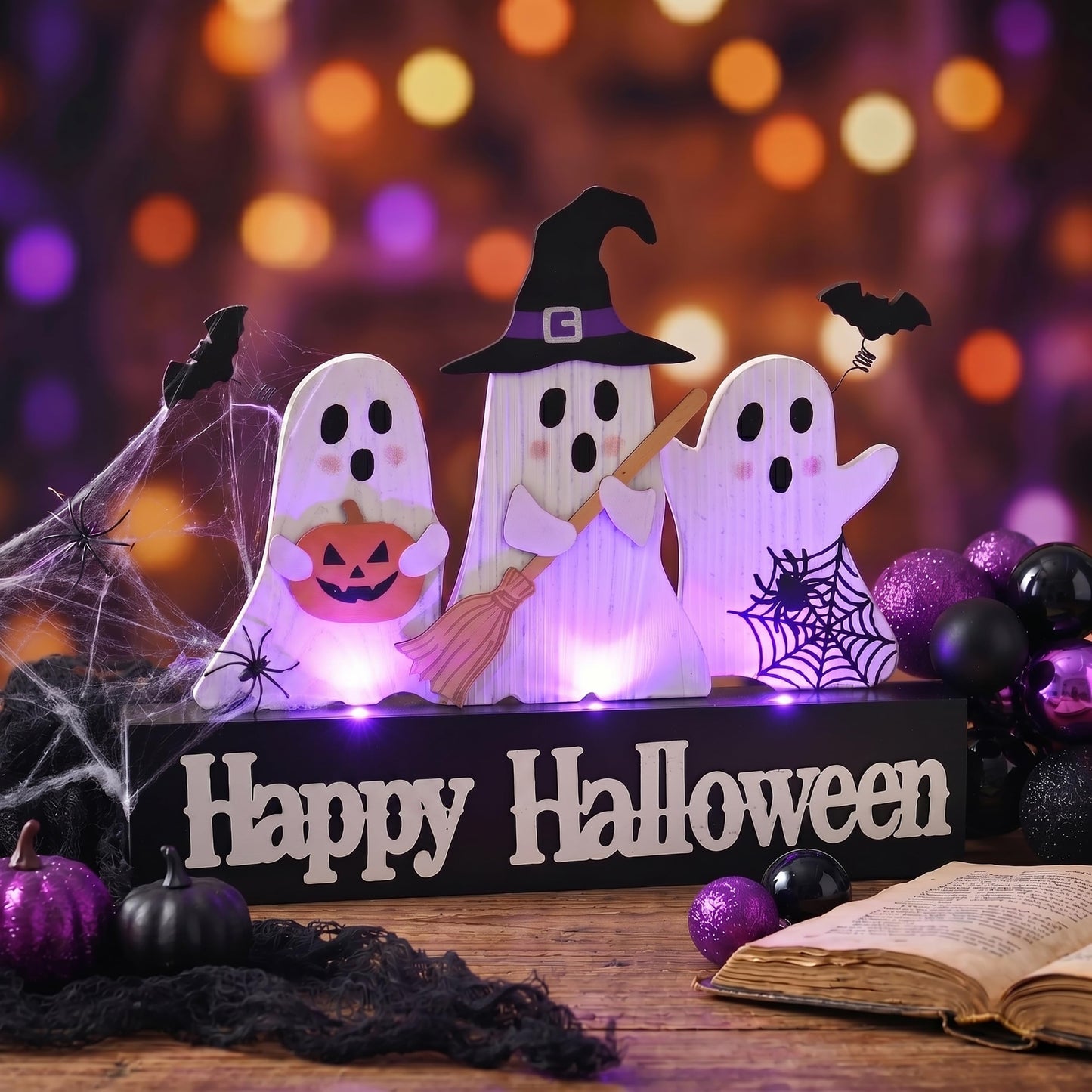 Valery Madelyn Halloween Decorations with Purple LED Lights, Lighted Halloween Ghost Decor, Tabletop Sign with Witch Hat Broom Bats Jack O Lantern for Home Party Indoor, 8 Inch