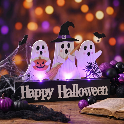 Valery Madelyn Halloween Decorations with Purple LED Lights, Lighted Halloween Ghost Decor, Tabletop Sign with Witch Hat Broom Bats Jack O Lantern for Home Party Indoor, 8 Inch
