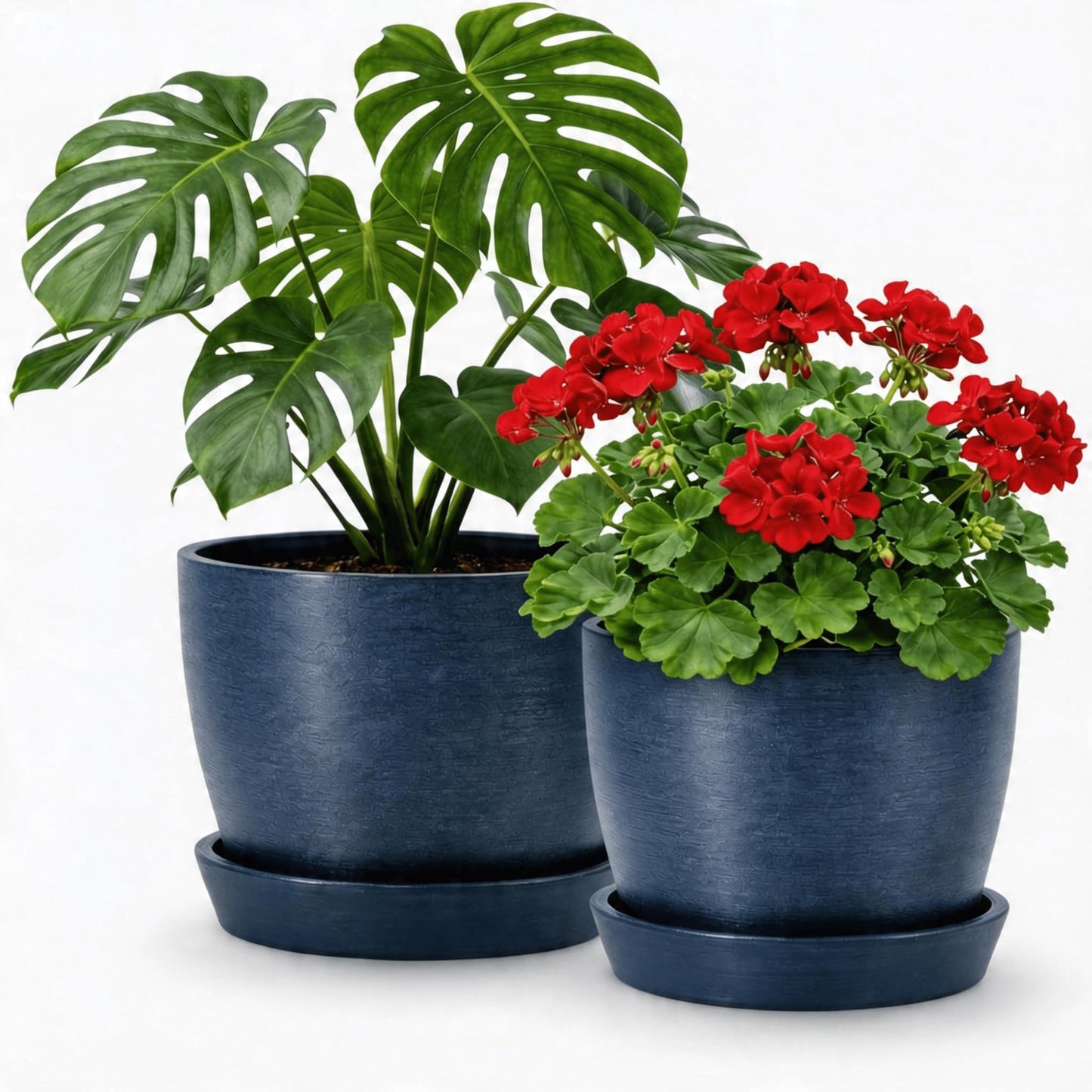 Kin 'n' Kind Set of 2 Minimalist Plant Pots (6.5" & 5.5") – Modern Indoor Planters with Drainage & Saucers & Plugs – Durable Eco-Conscious Composite, Indoor/Outdoor - Pacifica Wave Blue