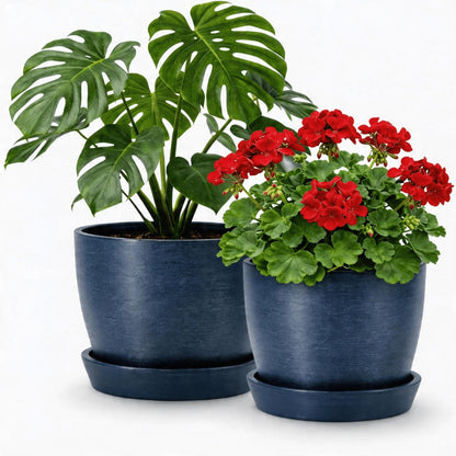 Kin 'n' Kind Set of 2 Minimalist Plant Pots (6.5" & 5.5") – Modern Indoor Planters with Drainage & Saucers & Plugs – Durable Eco-Conscious Composite, Indoor/Outdoor - Pacifica Wave Blue