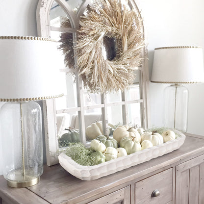 Decorative Bowl for Home Decor, Long Dough Bowl with Hand Carved Irregular Texture, Unique Table Centerpieces, Wooden Home Decor Accents for Farmhouse Boho Rustic Style(16.1"x 5.5" Washed White)