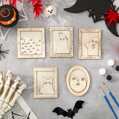 JarThenaAMCS 15 Set Halloween Wood DIY Frames Decorating Craft Unfinished Black Cat Ghost Wooden Gift Ornament Painting Set with White Black Paint and Brush for Art Party Supplies, Not Include Glue