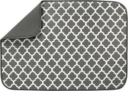 S&T INC. Dish Drying Mat XL, 18” x 24”, Absorbent Microfiber Kitchen Counter Mat, Dish Drying Pad for Dishes, Utensils, Pots and Pans, Extra Large, Pewter Grey Trellis