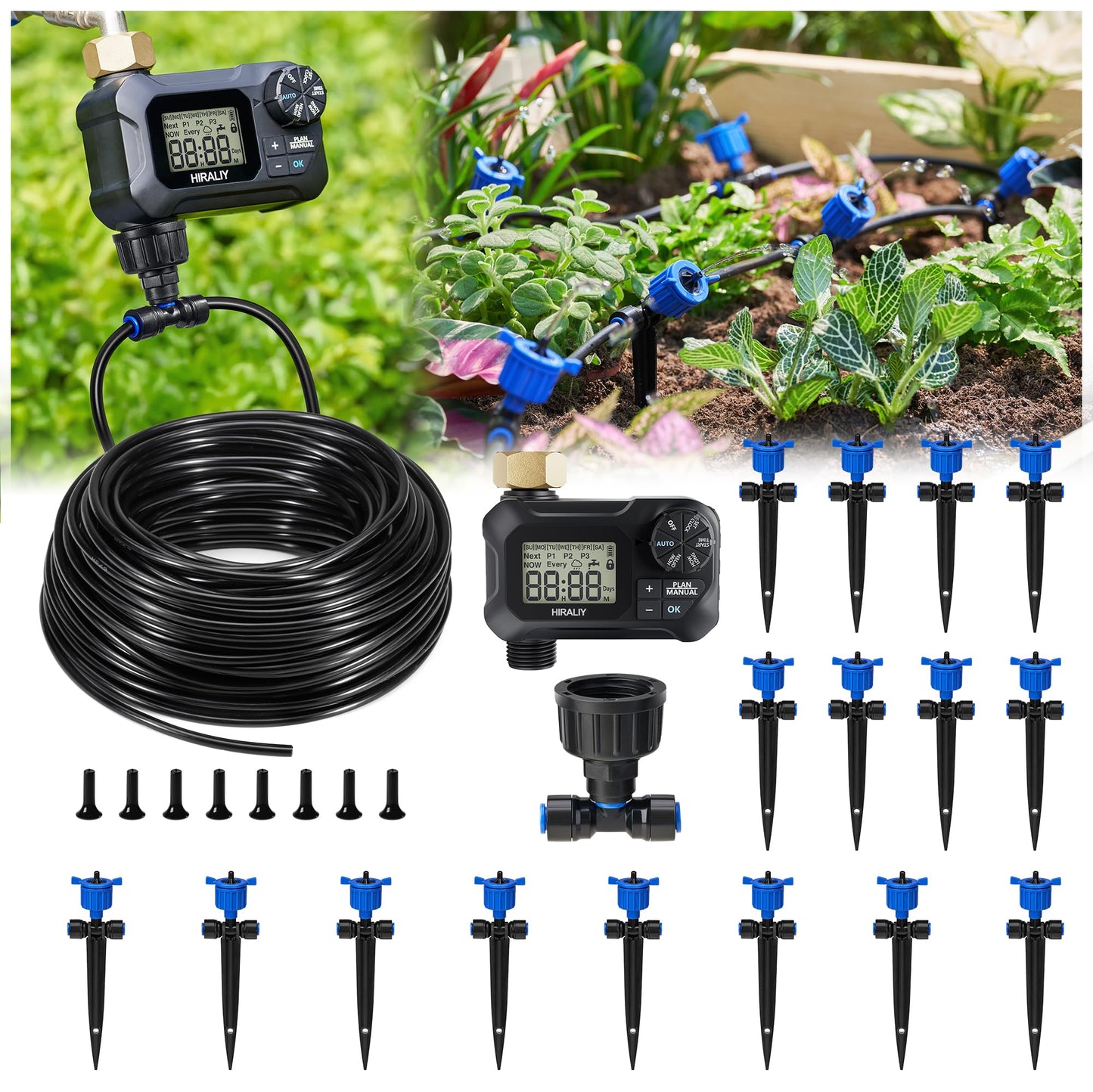 HIRALIY 50FT Pressure Compensated Drip Irrigation System with Timer, No-Leak Quick Connect Automatic Watering System, 12 Adjustable Emitters for Uniform Flow, Garden, Patio, Raised Bed