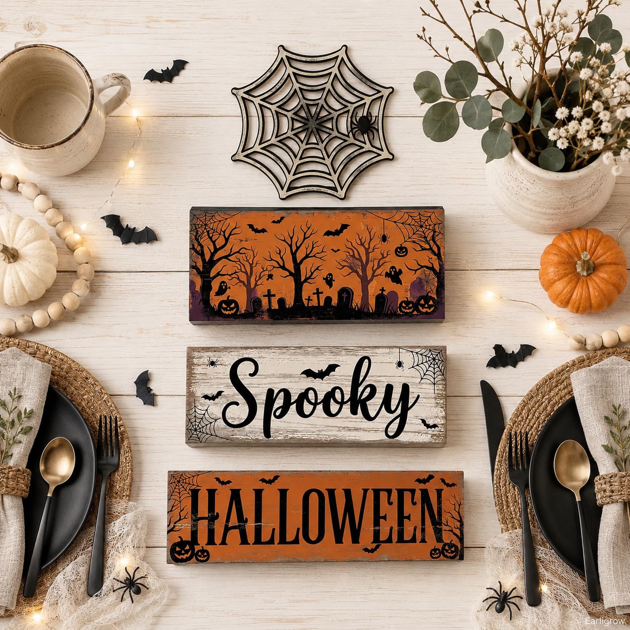 4 Pcs Halloween Table Decorations, Spider Web Tiered Tray Decor, Farmhouse Rustic Wooden Block Signs, Spooky Halloween Tabletop Centerpiece for Home Kitchen Shelf Office Mantel