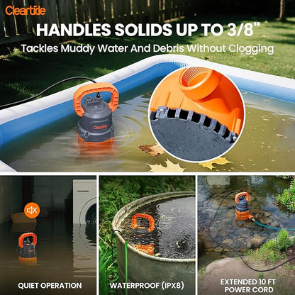 Cleartide Submersible Utility Water Pump, 1/3 HP 2790 GPH, 100% Copper Motor, Thermoplastic Portable Plug & Work, Ideal for Pool, Flooded Basement, Hot Tub, Pond & Garden Draining,10 FT Cord