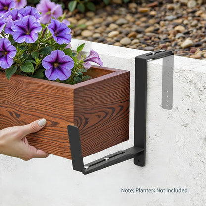 Window Box Brackets, Adjustable Planter Box Brackets, Heavy Duty Iron Flower Box Brackets for Railings, with Enhanced Bottom Support - Perfect for Balconies, Fences, and Gardens (Black, 6 Pack)
