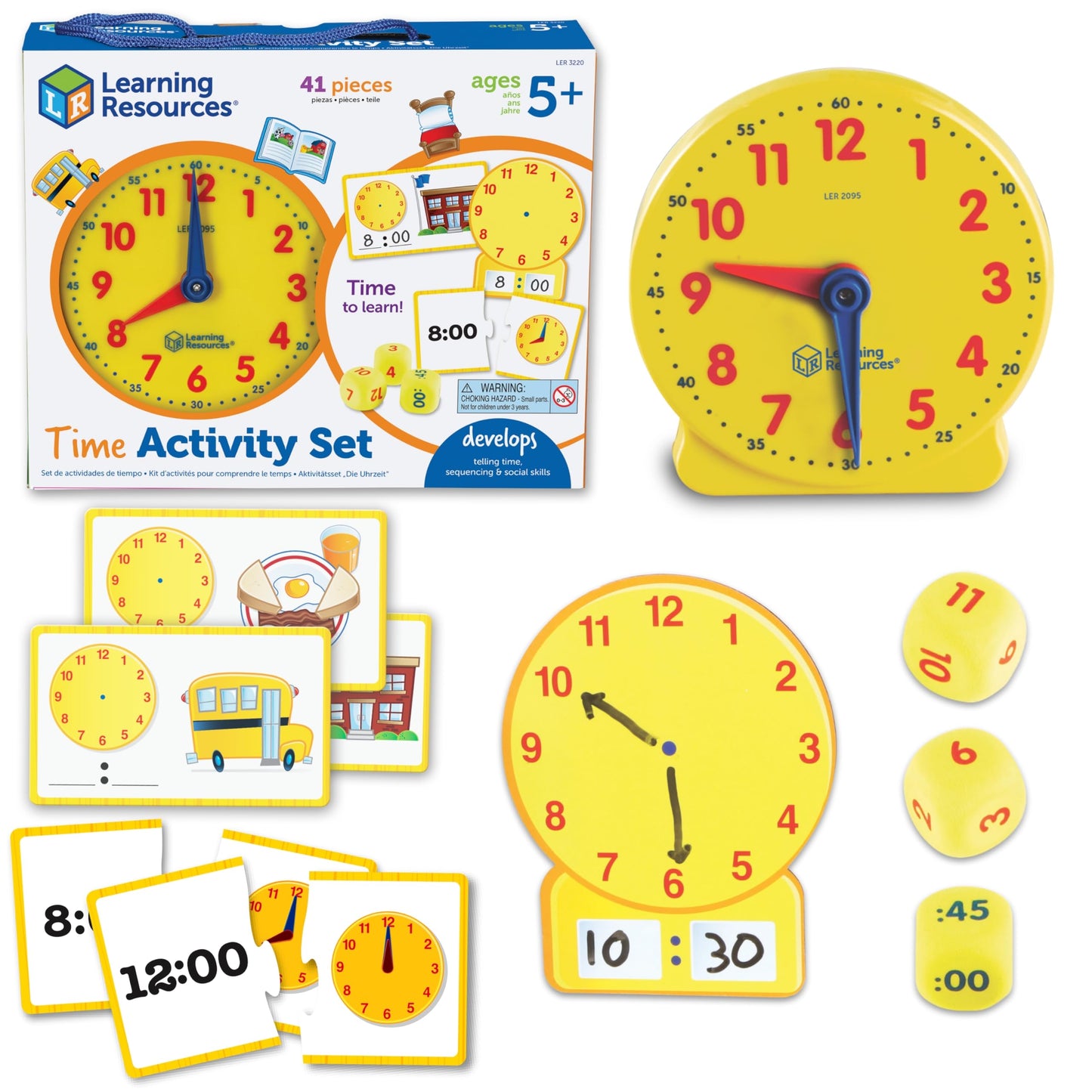 Learning Resources Time Activity Set - Kids Learning Clock, Classroom Clocks for Students, Telling Time Teaching Clock, Analog Clocks for Kids, Teaching Classroom Supplies