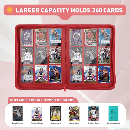 Trading Card Binder 9 Pocket, 360 Pockets Double-Sided Card Album, Premium PU Leather Zipper Card Holder for MTG, TCG, Sports & Game Cards, Must-Have for Collectors（Red）