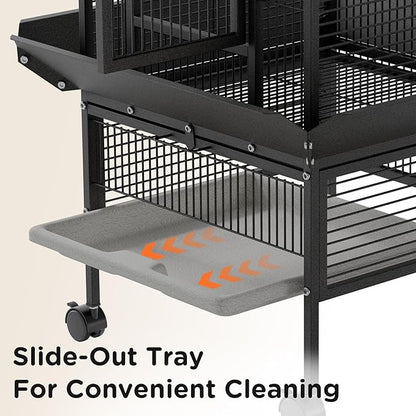 60" Large Wrought Iron Bird Cage with Rolling Stand, Play Top & 4 Stainless Steel Bowls, Metal Parrot Cage for African Grey, Cockatiel, Conure, Lovebird, Budgie, Black