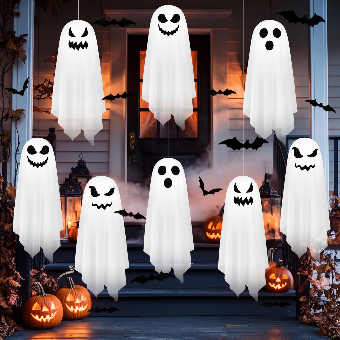 Renbuzhu 8Pcs Halloween Ghost Decorations Light up Hanging Paper Lanterns - Summerween Tree Spooky Decor for Outdoor Home Garden Patio Indoor(No Battery)