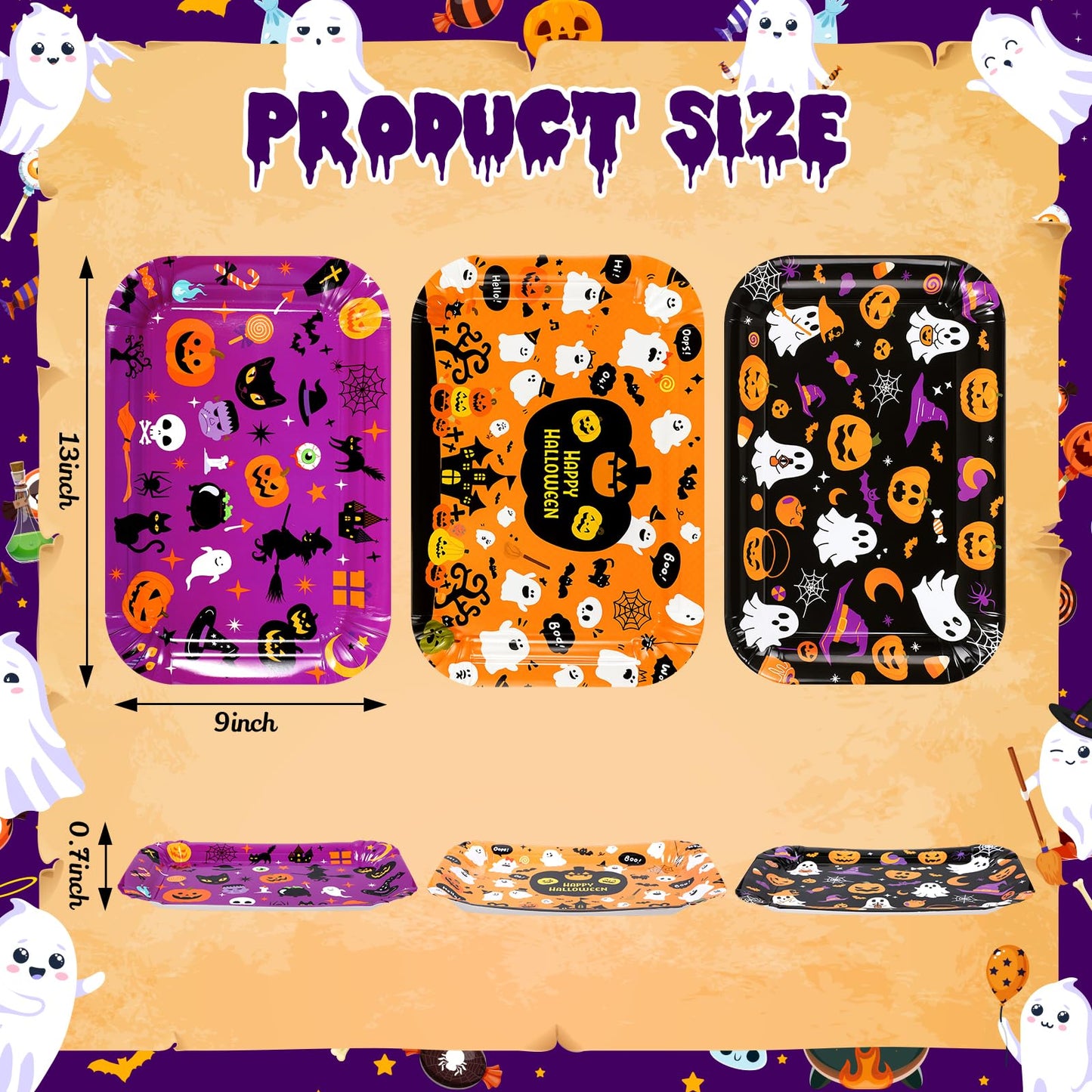 Acellegic 24 Pcs Halloween Serving Trays 13 X 9 Inch Large Platters Pumpkin Bat Ghost Food Trays for Movie Night Halloween Birthday Party Supplies