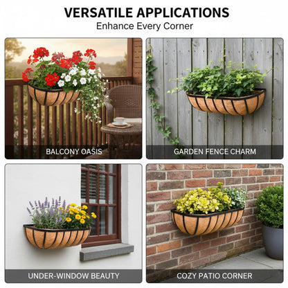 KIDYBELL 24“ Window Box Railing Planter with Coco Liner Metal Wall-Mounted Coconut Liner Planter Basket English Horse Trough Planters for Outdoor Deck Balcony Porch Fence Patio Black (2 Pack)