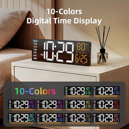 EASYERA 16.5" Large Digital Wall Clock with Anti-Glare Display, RGB Lights with 10 Scenes Mode Remote Control, Adjustable Brightness, Dual Alarms, Auto DST, BT Sync, Temperature for Living Room