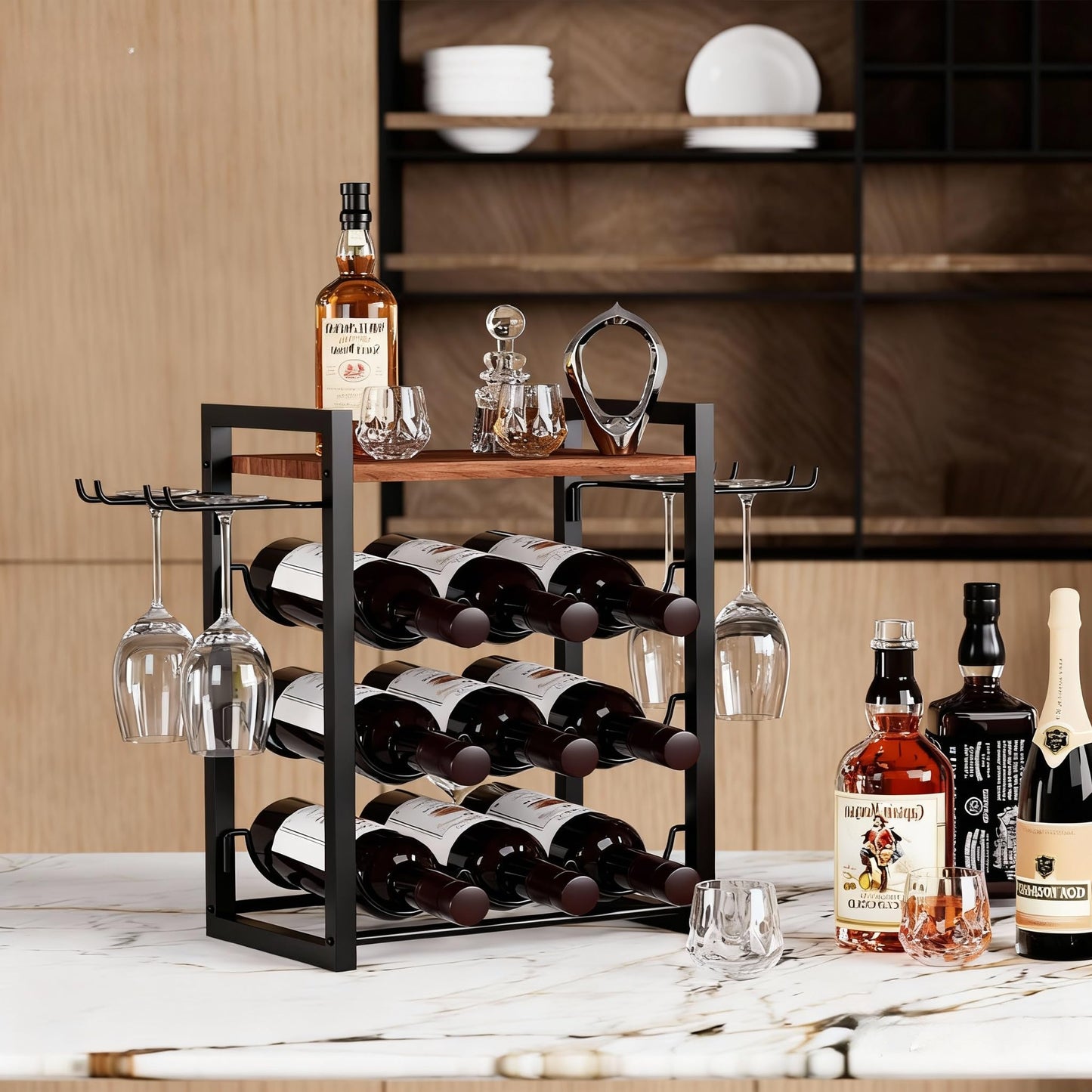 B4Life Wine Rack Countertop, Wine Glass Holder and Bottle Holder with Tray, Countertop Liquor Storage Holds 9 Liquor Bottles and 4 Glasses, Freestanding Liquor Storage for Home, Kitchen, Bar, Cellar