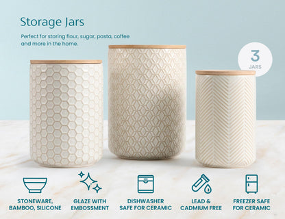 Kook Ceramic Storage Containers, Embossed Pantry & Bathroom Canisters with Airtight Bamboo Lids, Dishwasher Safe Stoneware Jars (40, 65, 100 oz), Set of 3, Narbonne Collection (Ivory)