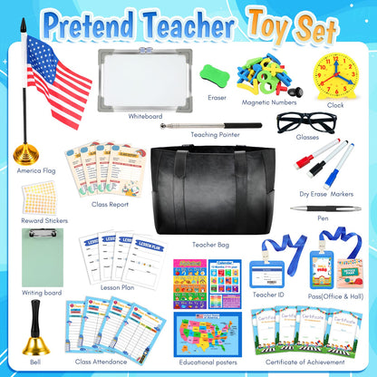 Loscola Pretend Play School Set for Kids Girls 4-12, Kids Teacher Play Sets for Girls, Teacher Supplies Toys with Teacher Bag, Whiteboard, Educational Posters, Magnetic Numbers and More, Ideal Gift