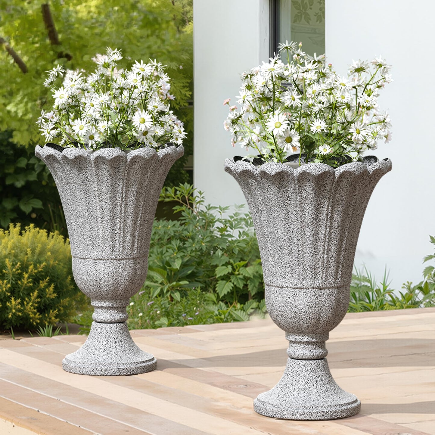 Trygoal 23.6" Tall Plastic Urn Planters for Outdoor Plants with Drainage Holes & Petal Design, Set of 2 Heavy-Duty Classic Indoor Large Flower Pots, Outdoor Planters for Porch/Home/Garden, Gray