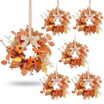 6 Pcs 3 Inch Fall Floral Wreaths Autumn Harvest Sunflowers Pumpkins Leaves Berries Hanging Candle Rings Wreath Mini Thanksgiving Table Centerpiece Wreath for Pillar Cabinets Farmhouse Decoration