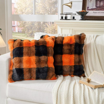 Animebody Set of 2 Faux Fur Cozy Throw Pillow Covers Halloween Decorations Throw Pillows Cushion Pillowcase for Sofa Couch,Orange-Black Grid Print 24 x 24 Inch